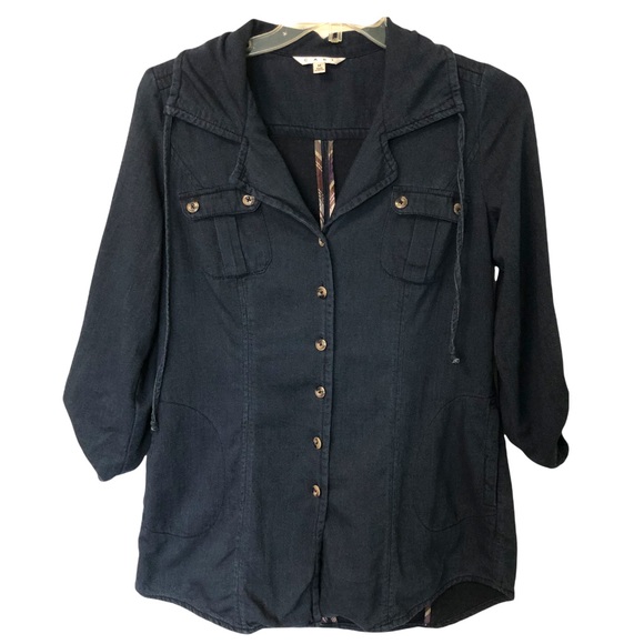 CAbi Tops - Cabi Rolled Sleeve Button Front Collared Top Dark Blue with Tie Back Women's M